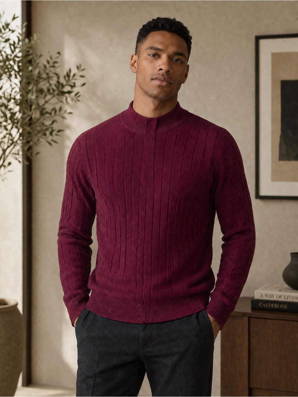 Men's Burgundy Ribbed Crewneck Sweater